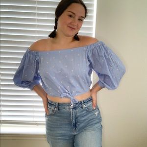 forever 21 blue/white flower embroidered top